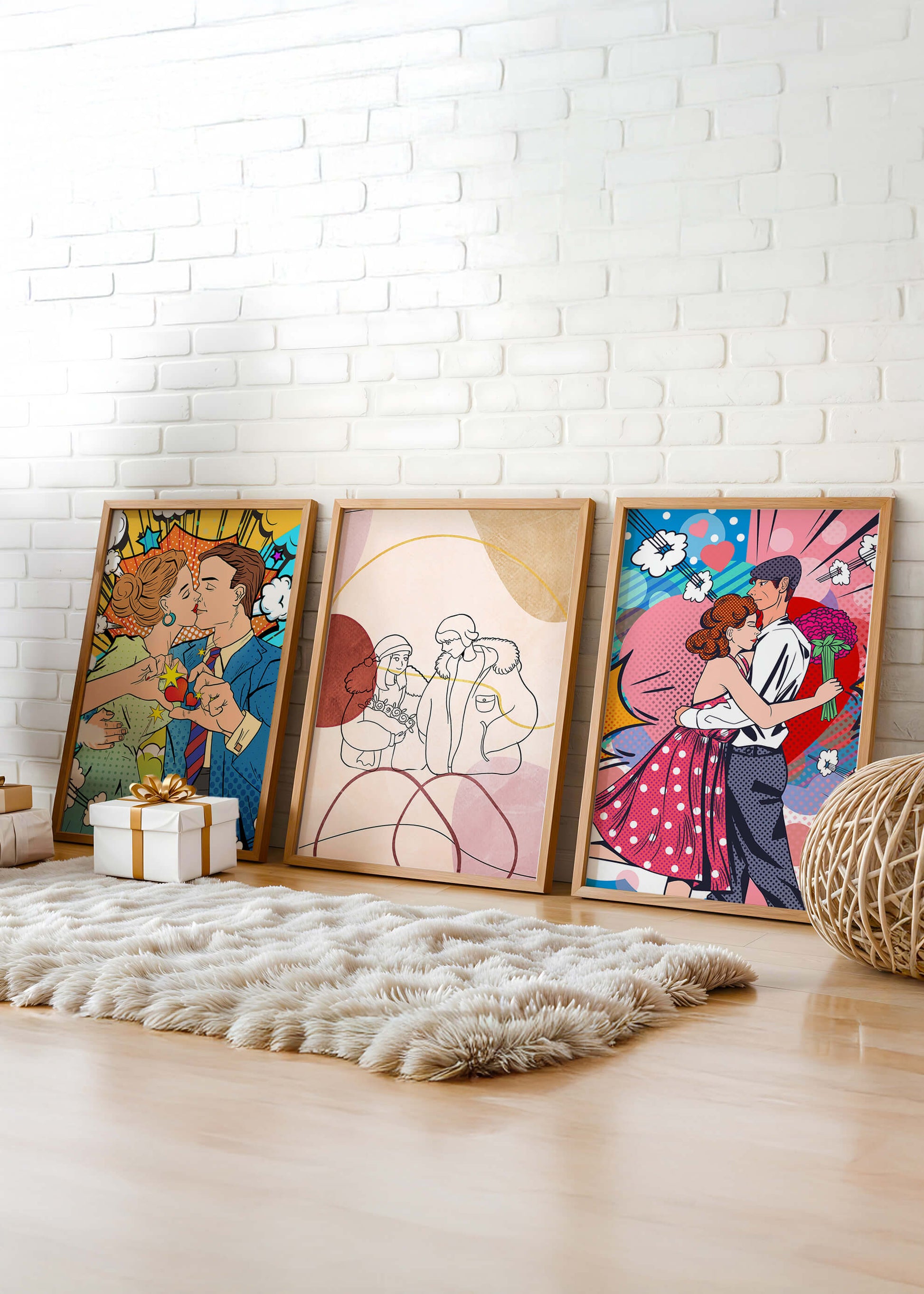 Conjunto De Obras De Arte De Parejas En Estilo Pop Art Y Línea