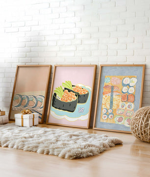 Ensemble de toiles avec illustrations de sushi sur fond pastel