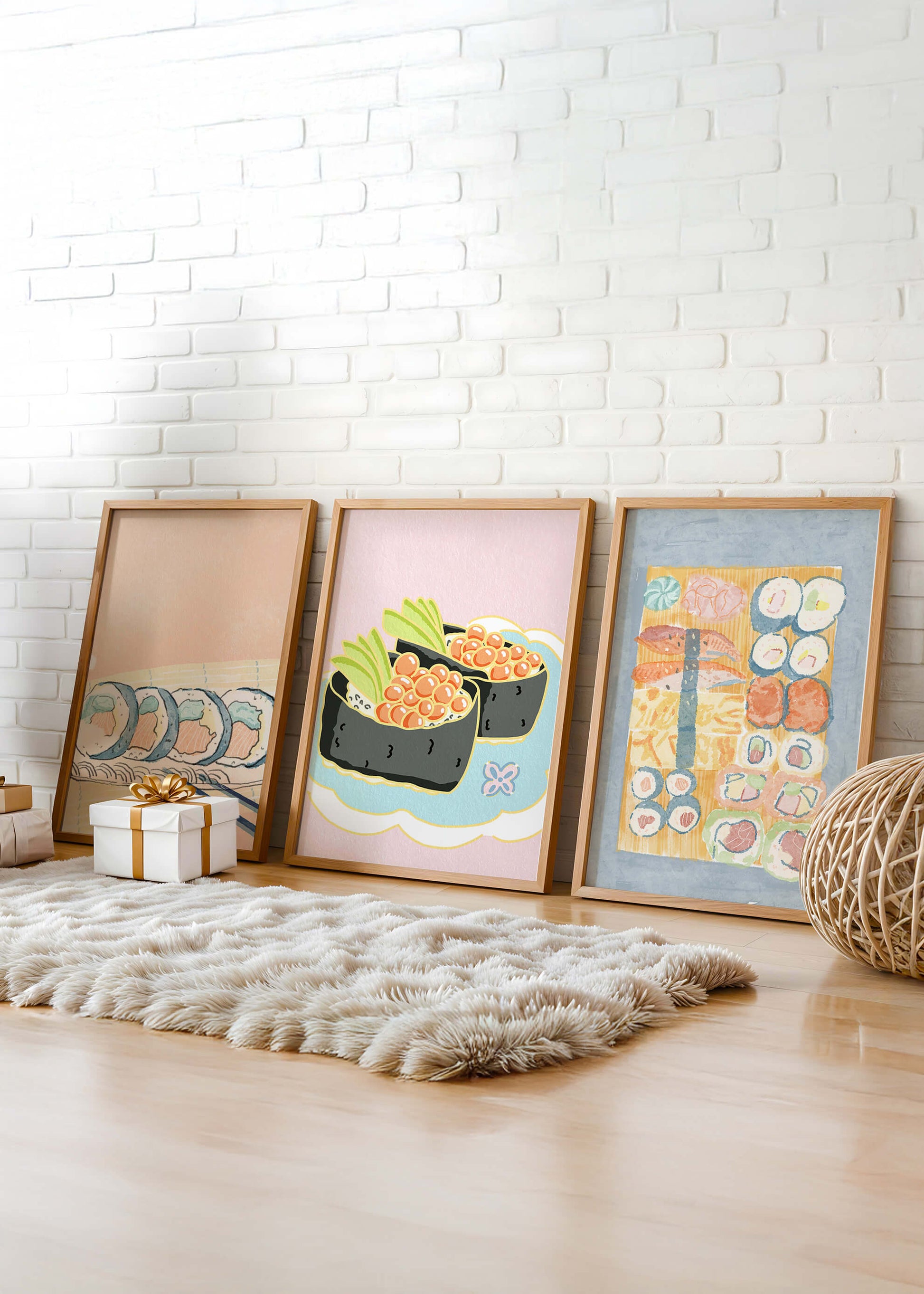 Conjunto de Lienzos con Ilustraciones de Sushi en Fondo Pastel