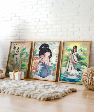 Serie De Arte Chino Con Mujeres Tradicionales En Impresión De Alta Calidad