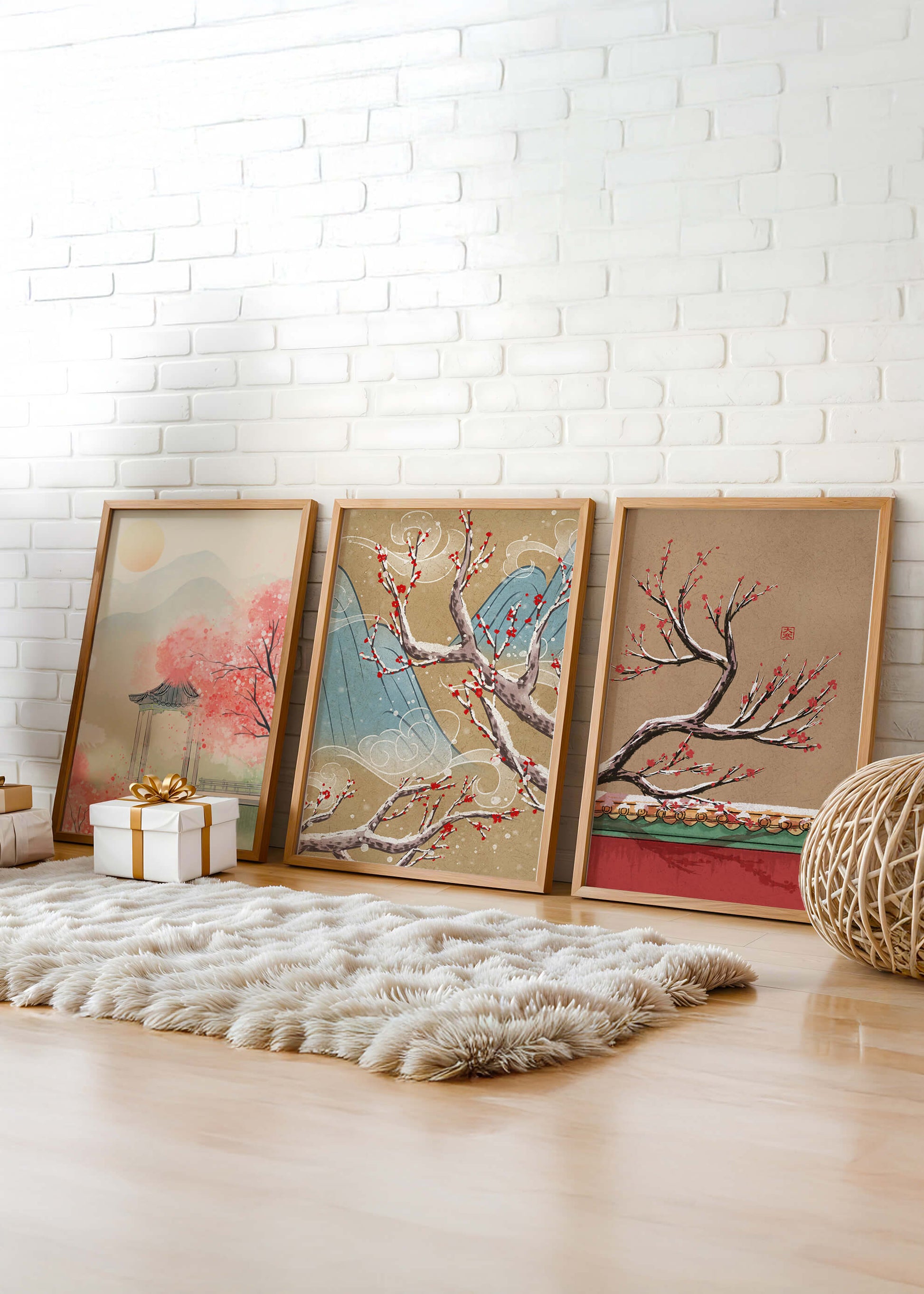 Ensemble de toiles orientales avec fleurs de cerisier