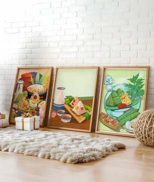 Illustrations de cuisine asiatique dans des cadres en bois