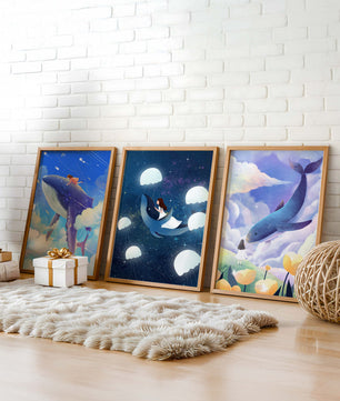 Impressions artistiques de baleines dans un style fantastique