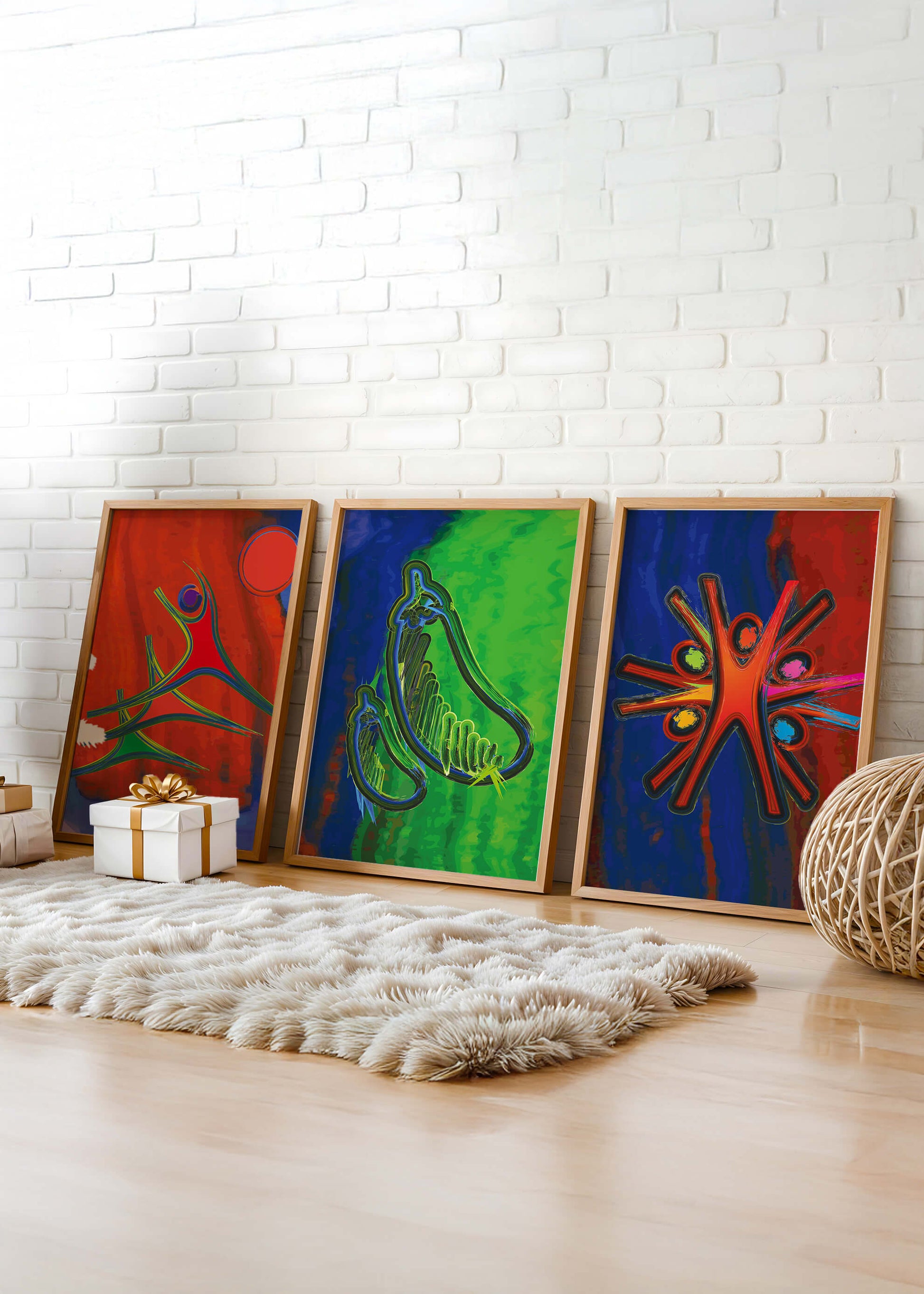 Conjunto de Tres Obras de Arte Abstracto con Elementos en Colores Vibrantes