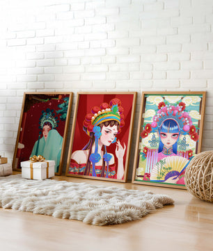 Ensemble de trois illustrations colorées de femmes avec des coiffes traditionnelles asiatiques