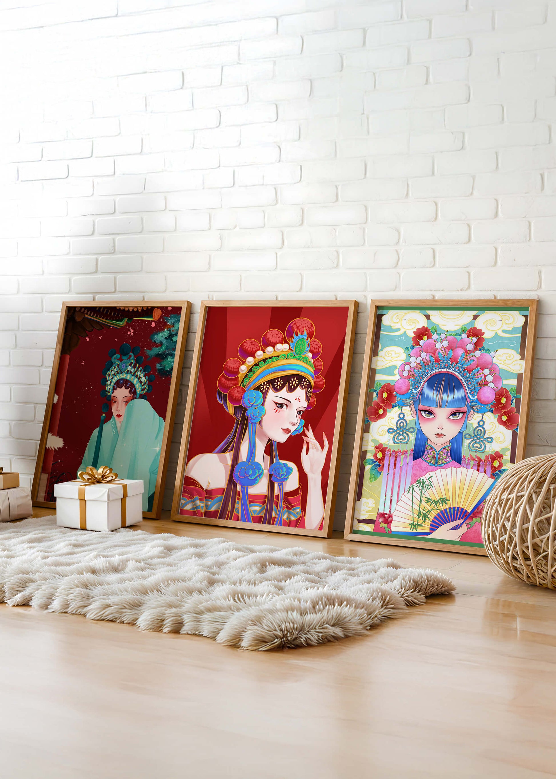 Set De Tres Ilustraciones Coloridas De Mujeres Con Tocados Tradicionales Asiáticos