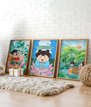 Trois illustrations d'enfants dans un style asiatique avec des éléments de la nature