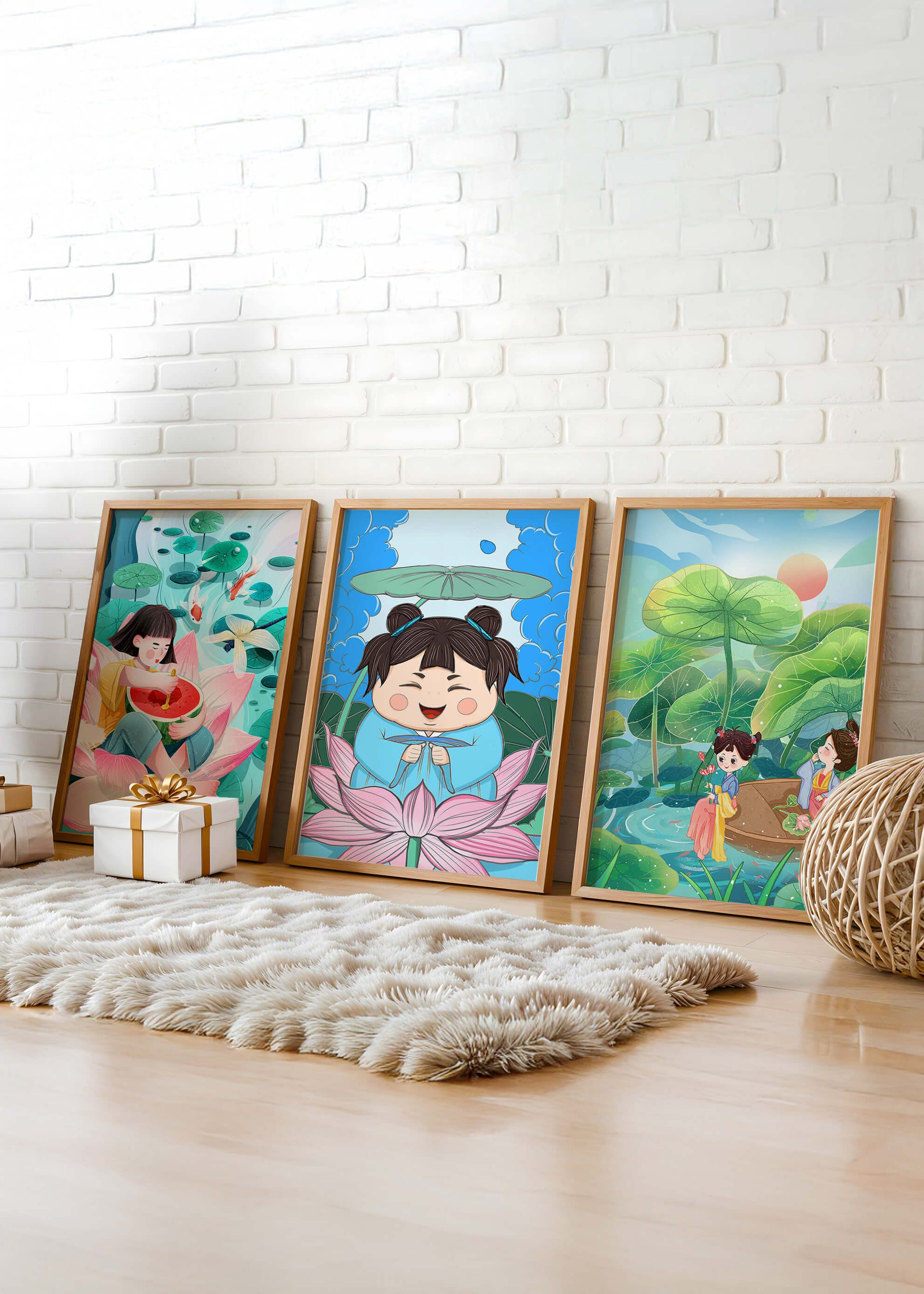 Trois illustrations d'enfants dans un style asiatique avec des éléments de la nature