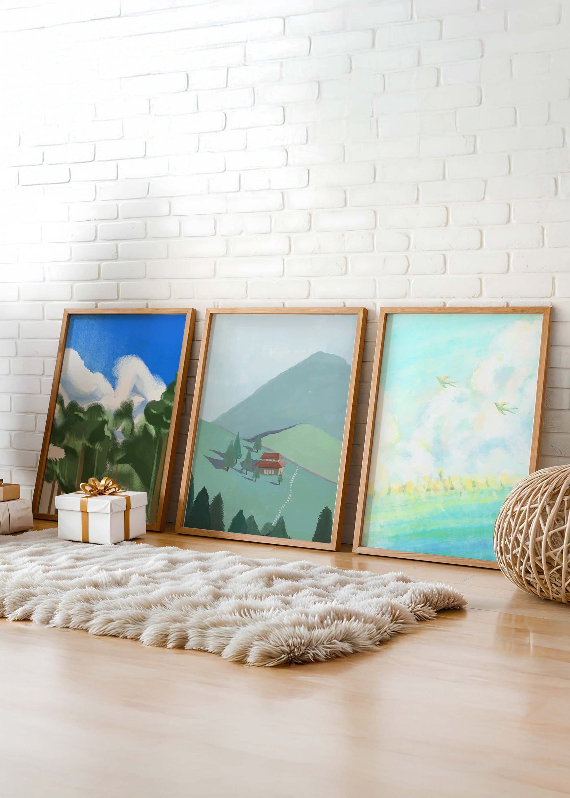 Jeu de trois œuvres d'art de paysage moderne sans cadre