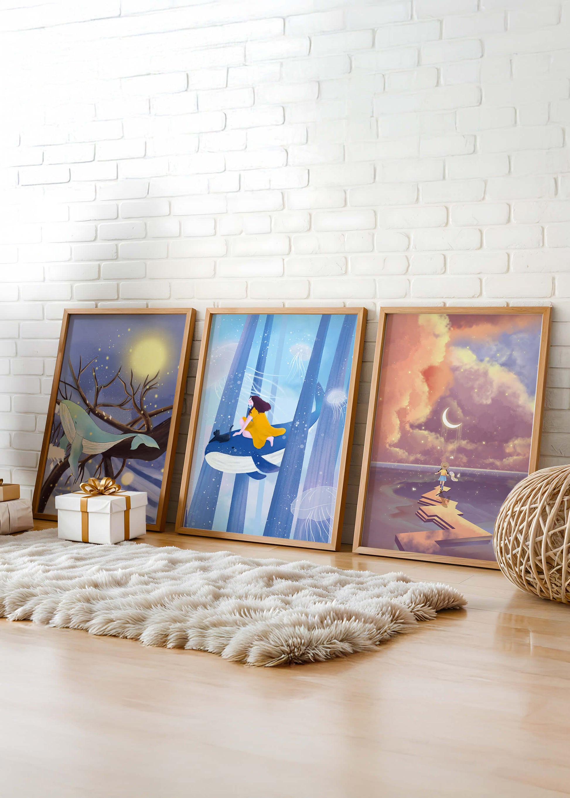 Triptyque d'Illustrations Fantastiques Sans Cadre avec Baleines et Paysages de Rêve