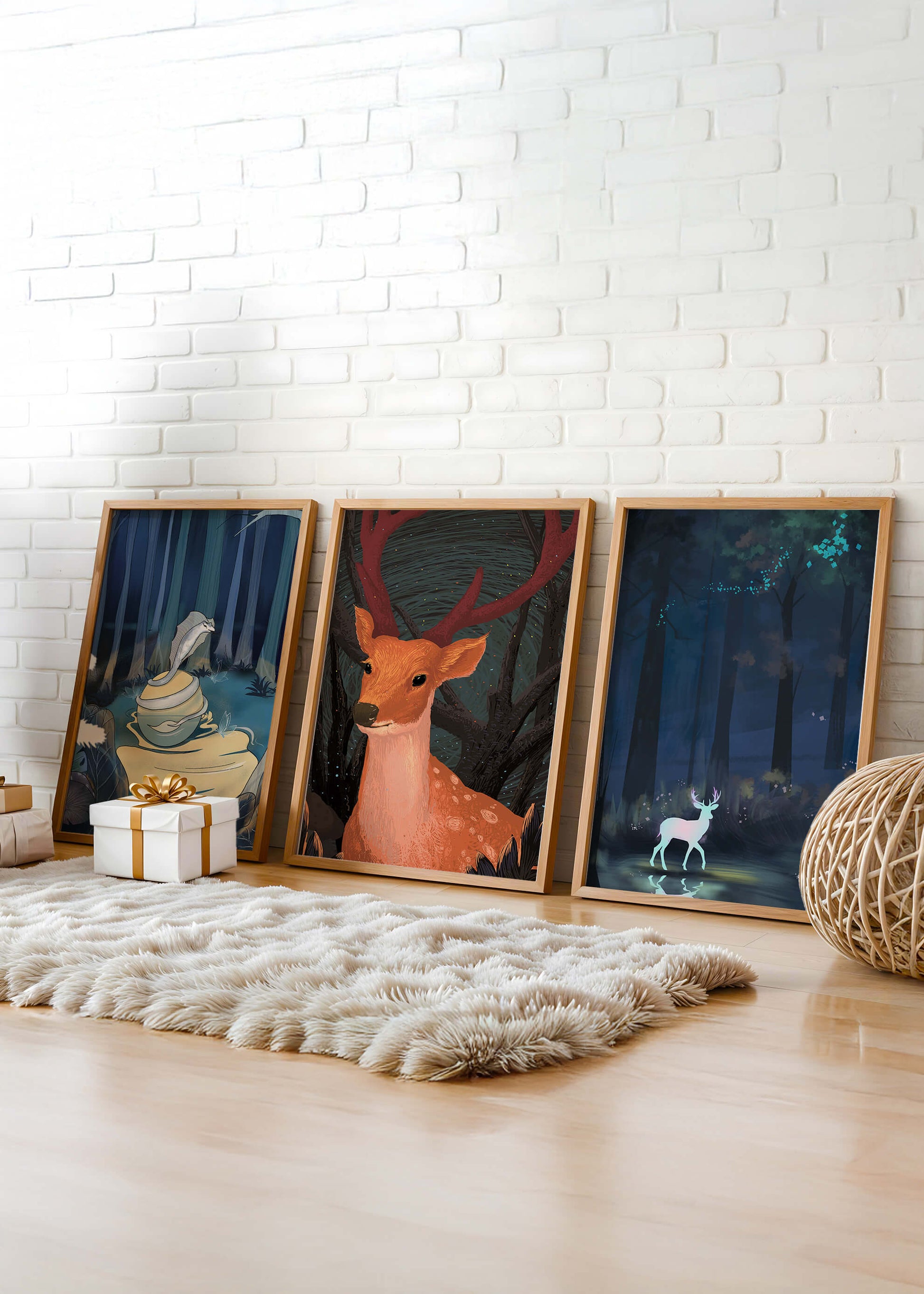 Tríptico De Animales En El Bosque Con Impresión Artística