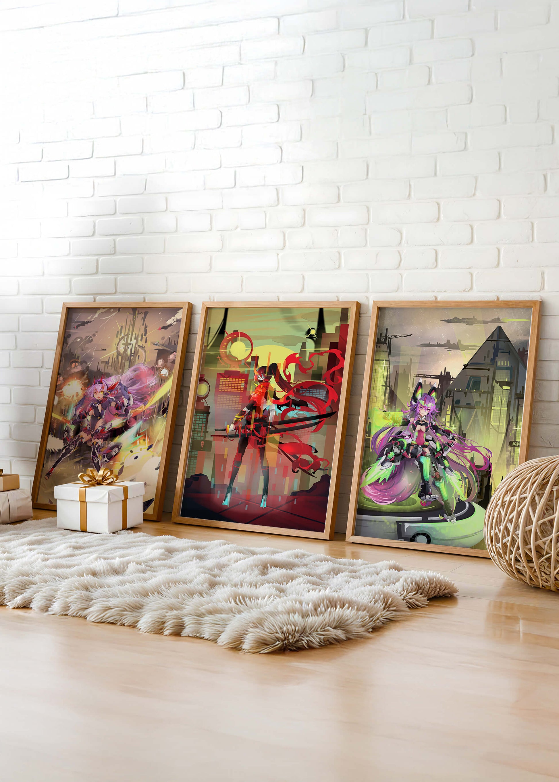 Conjunto De Tres Imágenes Futuristas De Personajes Anime En Una Habitación Moderna