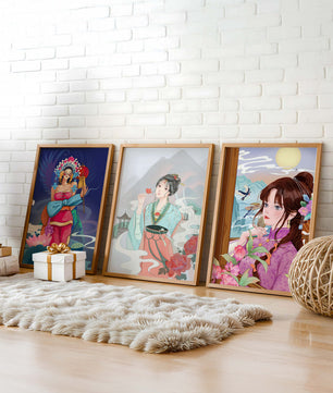Moderne asiatische Kunst mit Frauen und Natur