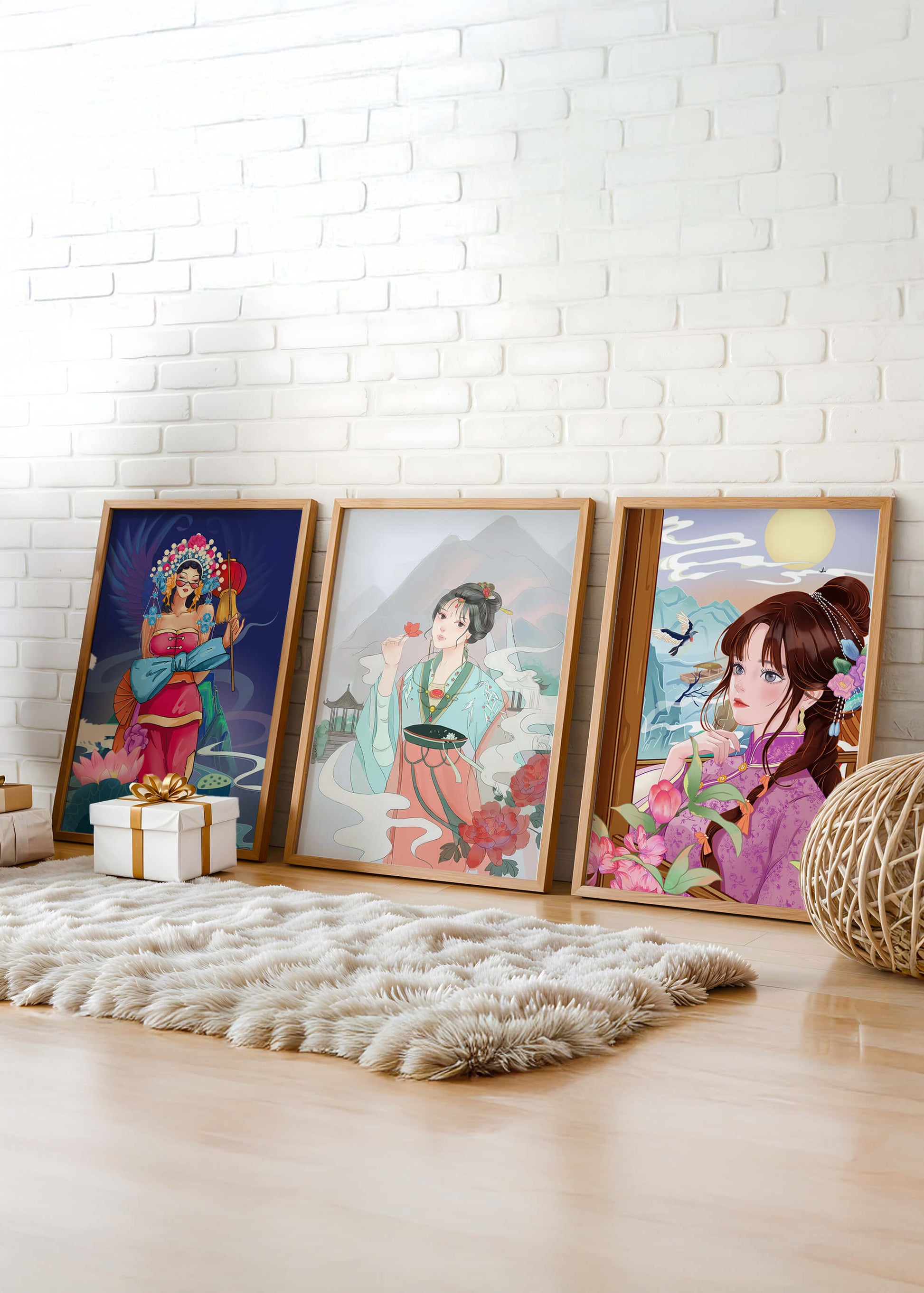 Moderne asiatische Kunst mit Frauen und Natur