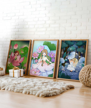 Triptyque enfantin d'art fantastique avec des filles parmi les fleurs