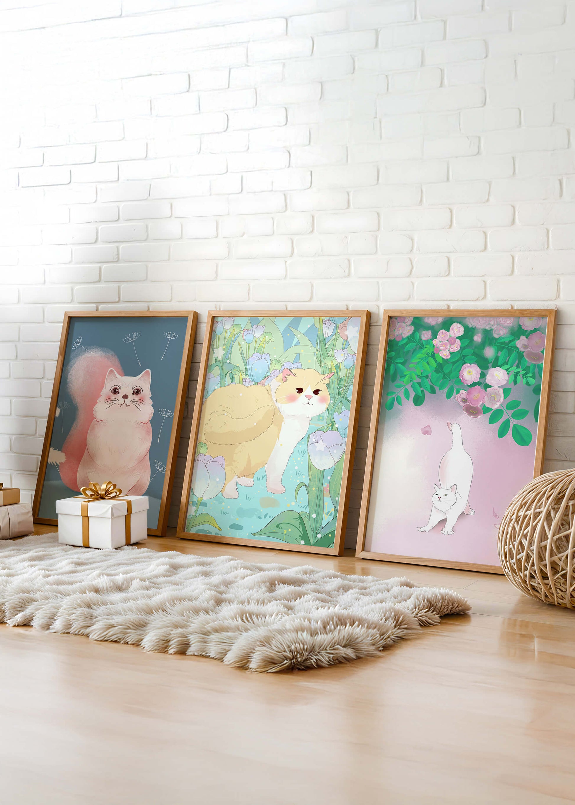 Conjunto De Ilustraciones De Gatos Con Fondos Naturales