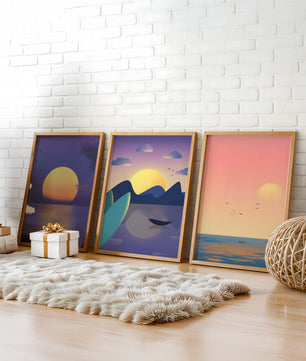 Minimale Sonnenuntergang-Landschaften in digitaler Kunst ohne Rahmen auf Holzboden