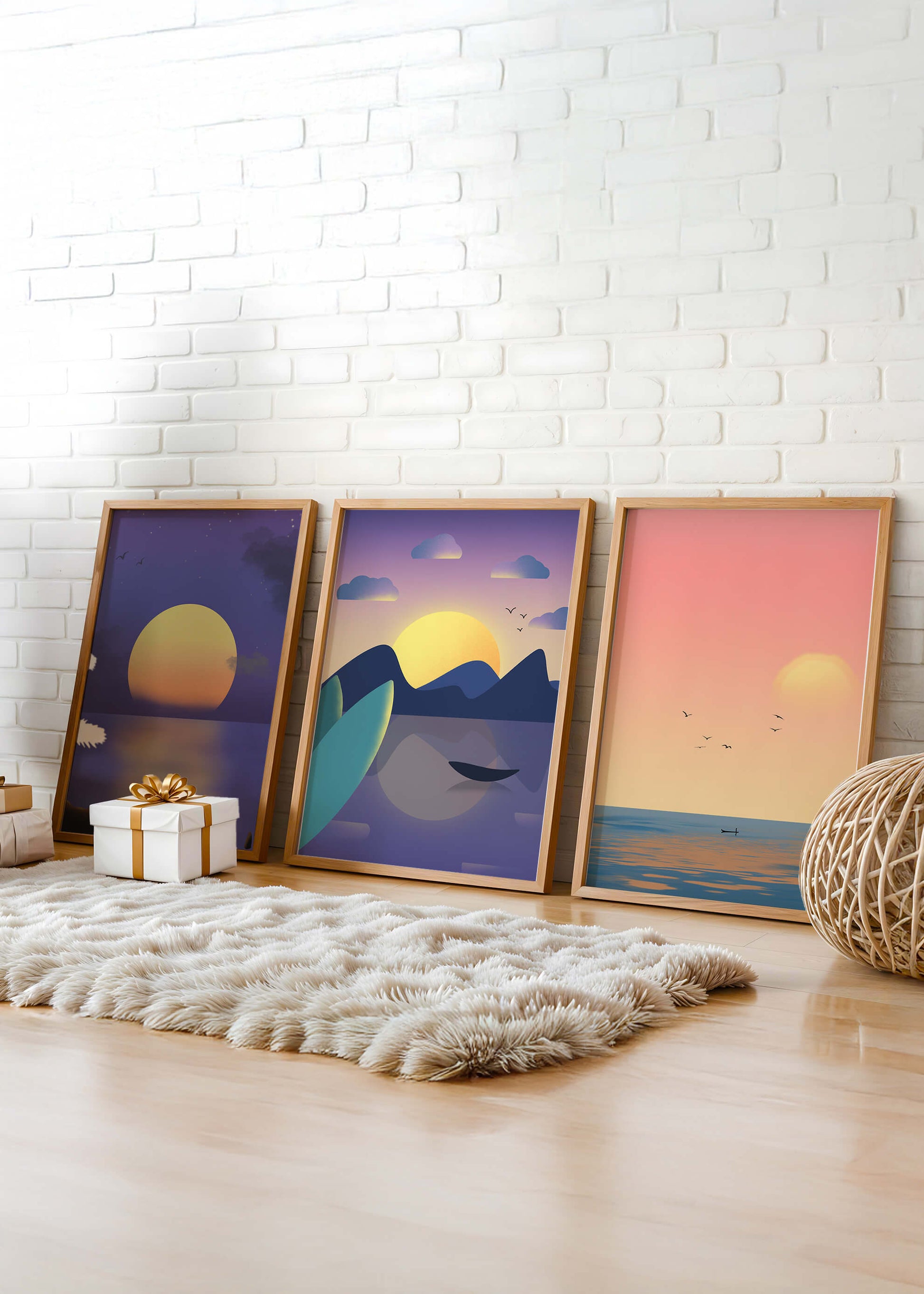 Minimale Sonnenuntergang-Landschaften in digitaler Kunst ohne Rahmen auf Holzboden