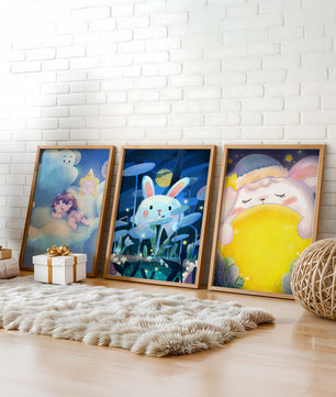 Illustrations de lapin et d'enfant dans un environnement nocturne