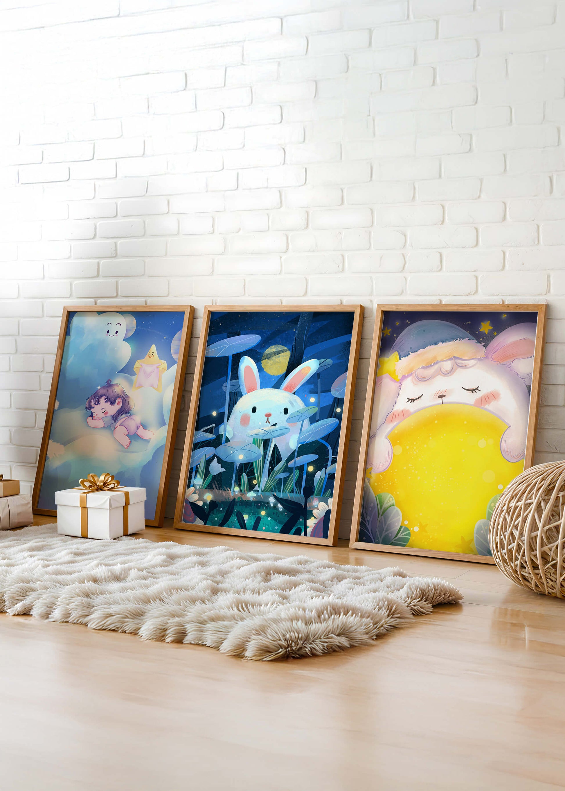 Illustrations de lapin et d'enfant dans un environnement nocturne