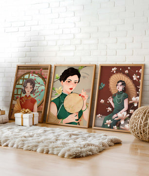 Cuadros Decorativos con Mujeres y Motivos Florales Asiáticos