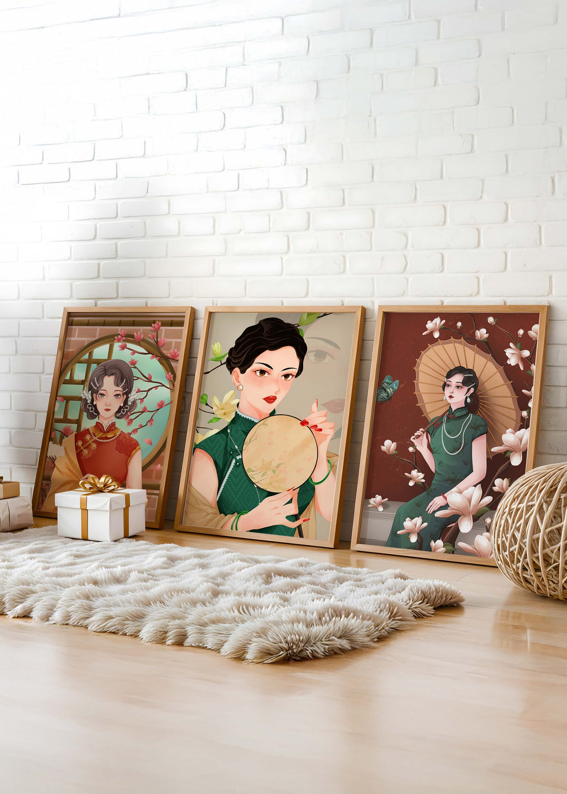Cuadros Decorativos con Mujeres y Motivos Florales Asiáticos