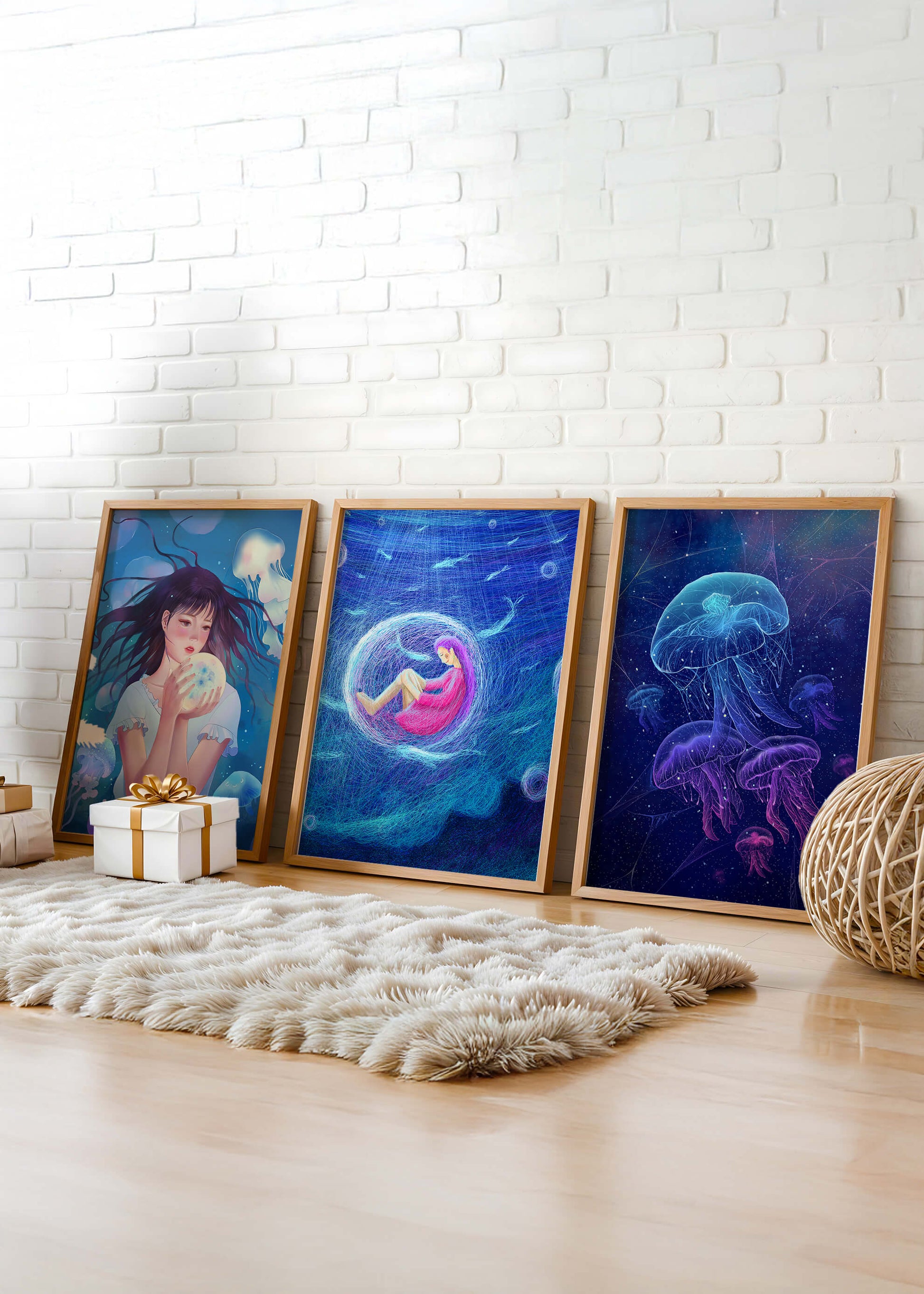 Conjunto de Lienzos con Ilustraciones de Medusas y Personajes