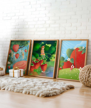 Ensemble d’illustrations de fraise avec une fillette dans un environnement naturel