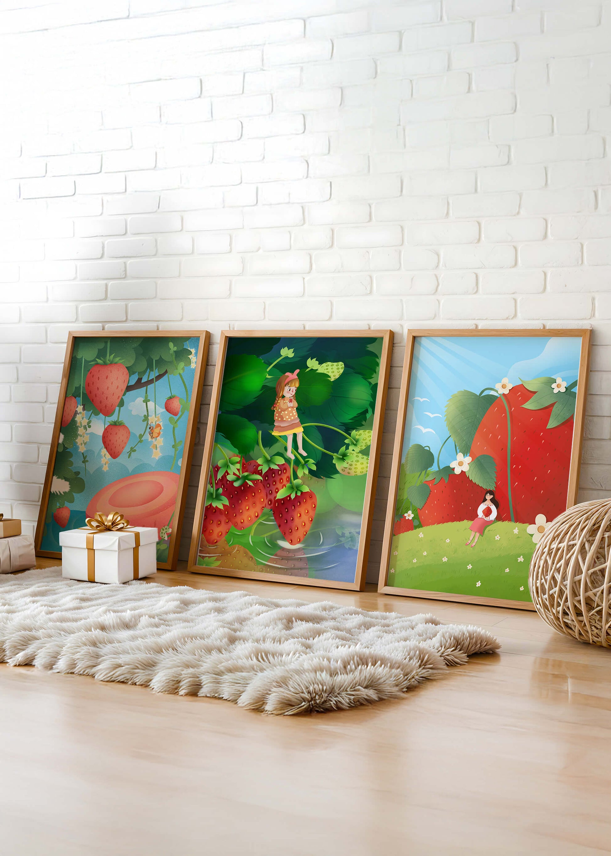 Ensemble d’illustrations de fraise avec une fillette dans un environnement naturel
