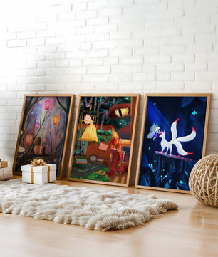 Triptyque d’art fantastique avec des illustrations colorées et oniriques