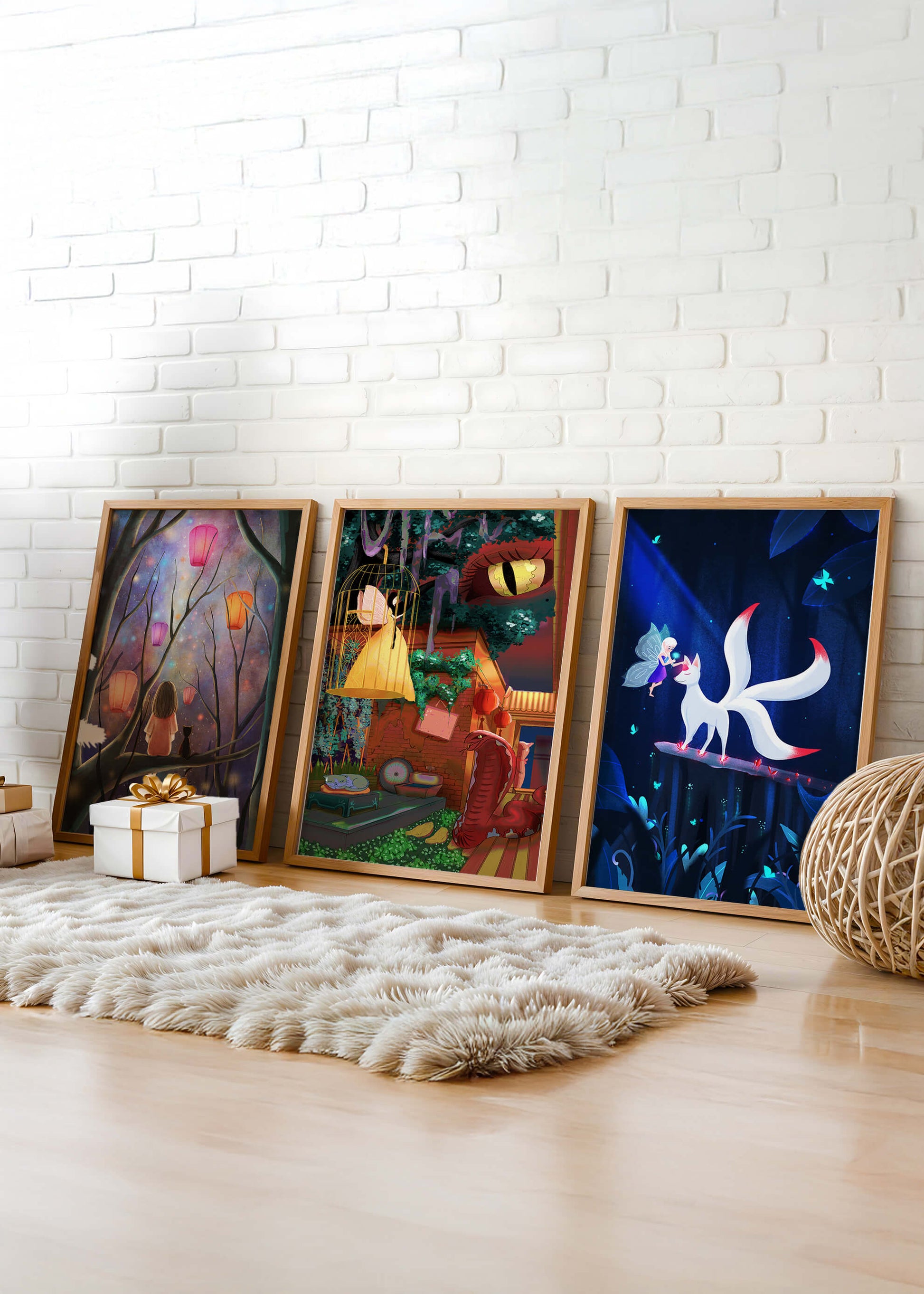 Triptyque d’art fantastique avec des illustrations colorées et oniriques