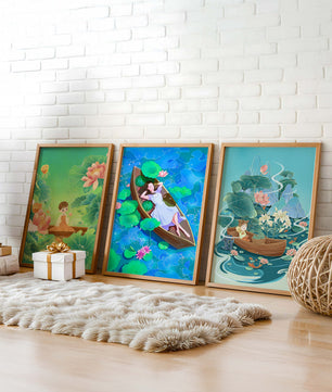 Art des enfants dans des bateaux avec des fleurs et de l'eau