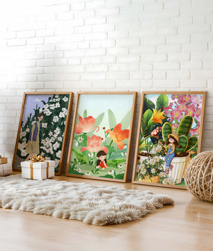 Arte Colorido con Motivos Florales y Personajes en Ilustraciones
