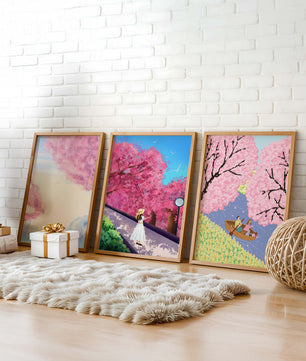 Peintures de fleurs de cerisier encadrées avec de magnifiques paysages