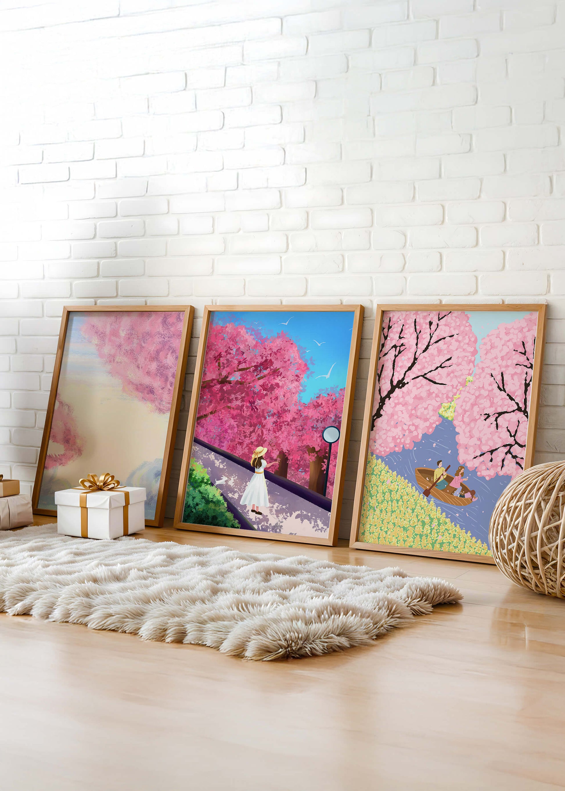 Peintures de fleurs de cerisier encadrées avec de magnifiques paysages