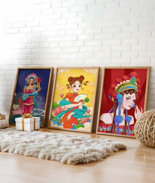 Illustrations de style asiatique avec des femmes en robes traditionnelles
