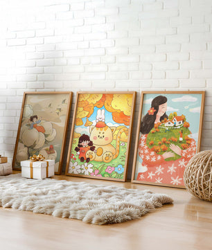 Art coloré pour enfants avec des dessins d'enfants et d'animaux dans des cadres en bois