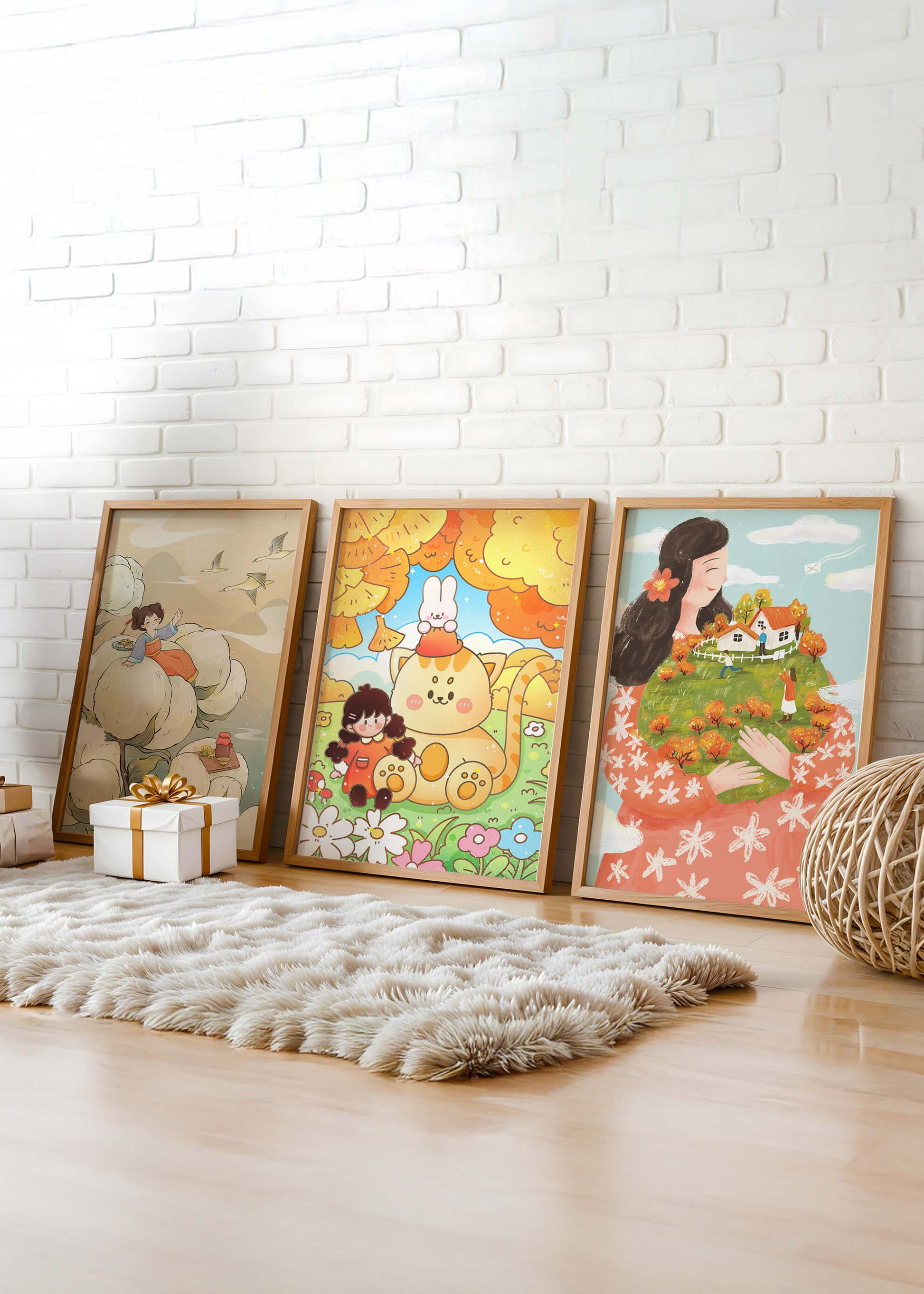 Art coloré pour enfants avec des dessins d'enfants et d'animaux dans des cadres en bois