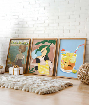 Conjunto De Tres Ilustraciones Modernas Con Temática De Playa En Marcos De Madera