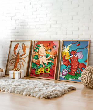 Affiches de fruits de mer amusants dans un style illustratif