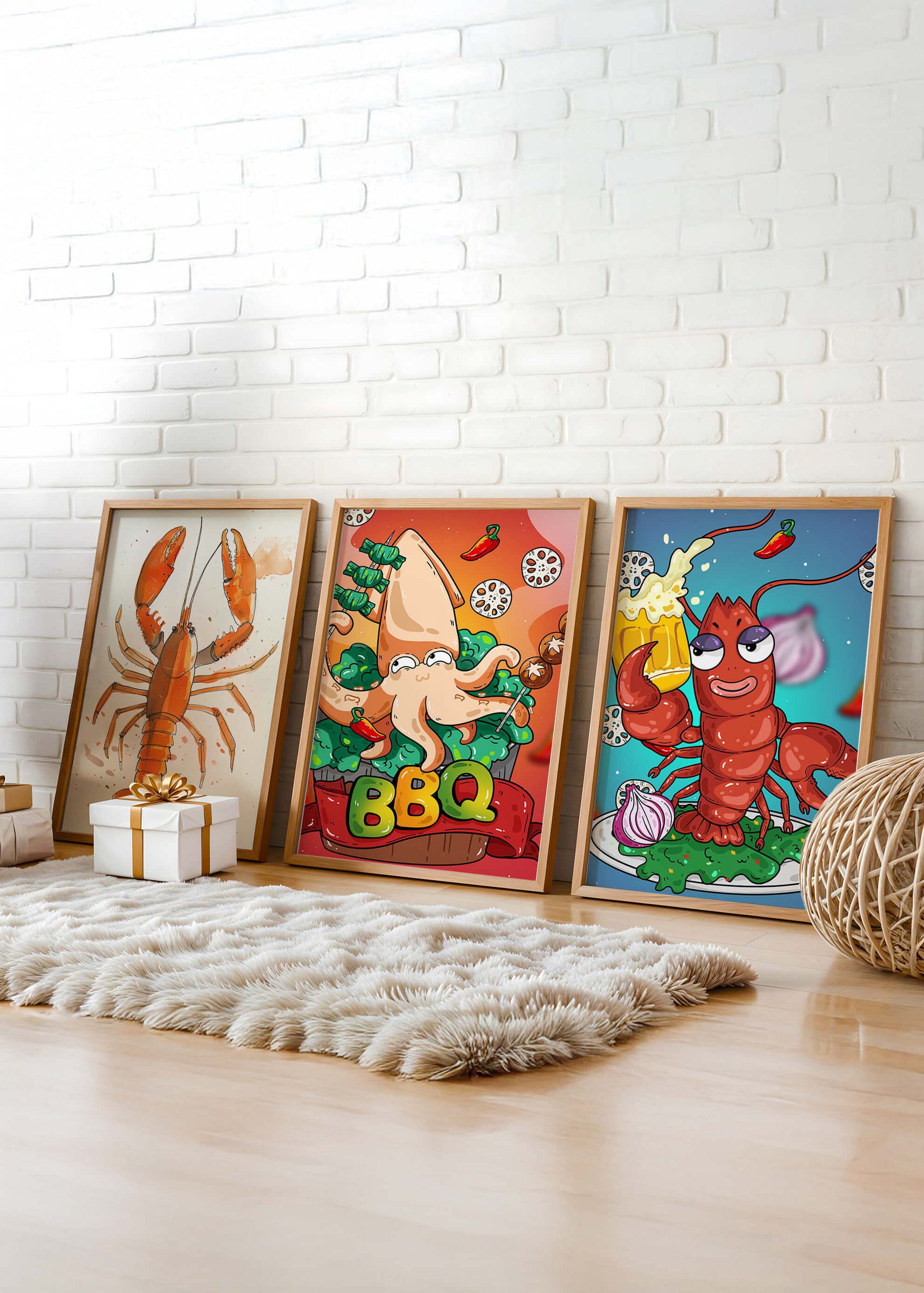 Affiches de fruits de mer amusants dans un style illustratif