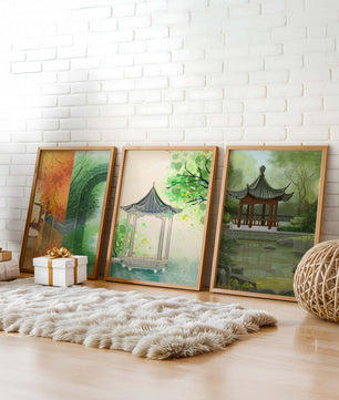 Art de paysages orientaux avec des éléments architecturaux