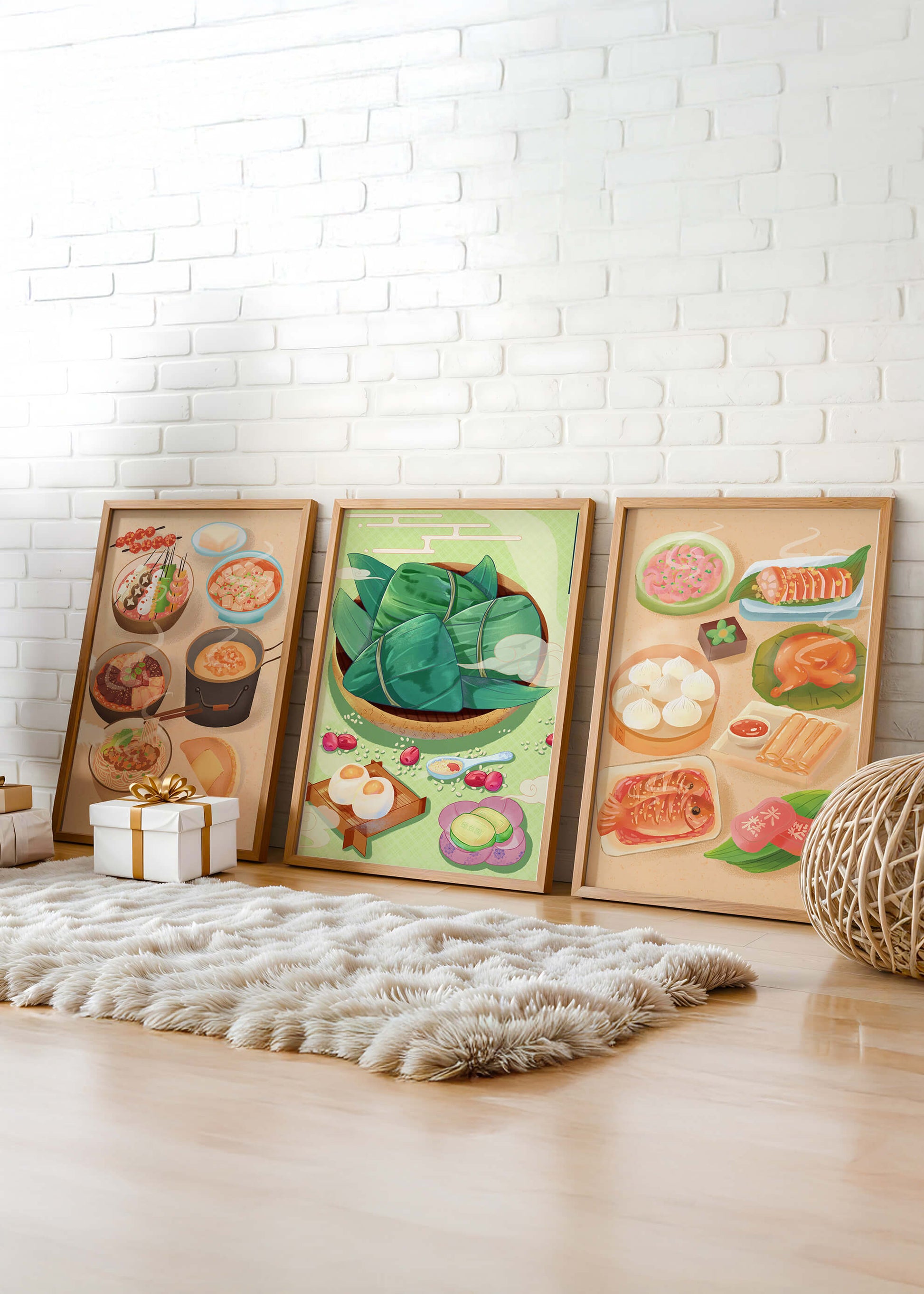 Pósters Ilustrados de Comida Temática Oriental Sobre Piso de Madera