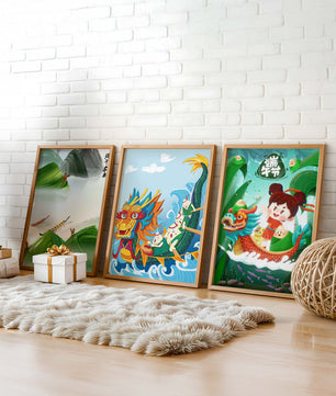 Art pour enfants avec des dragons et des éléments naturels dans un ton joyeux