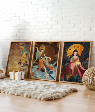 Impressions d'art asiatique avec figures féminines et éléments dorés