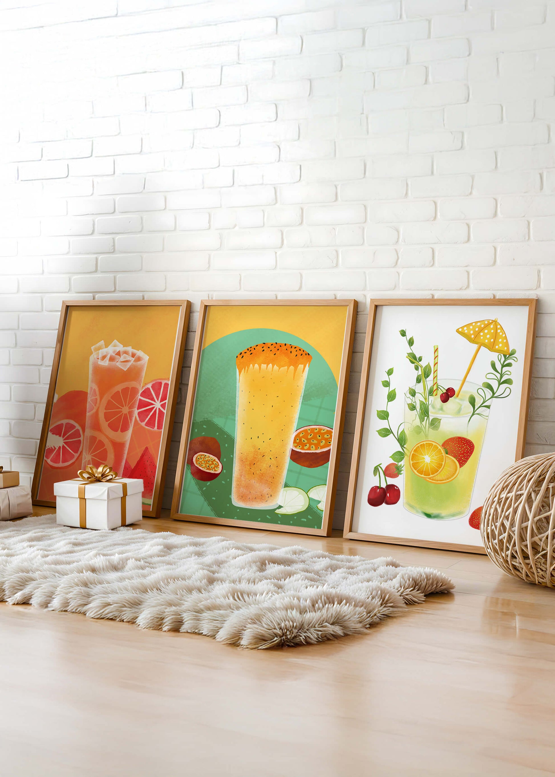 Set moderner tropischer Getränke-Kunstwerke im illustrativen Stil