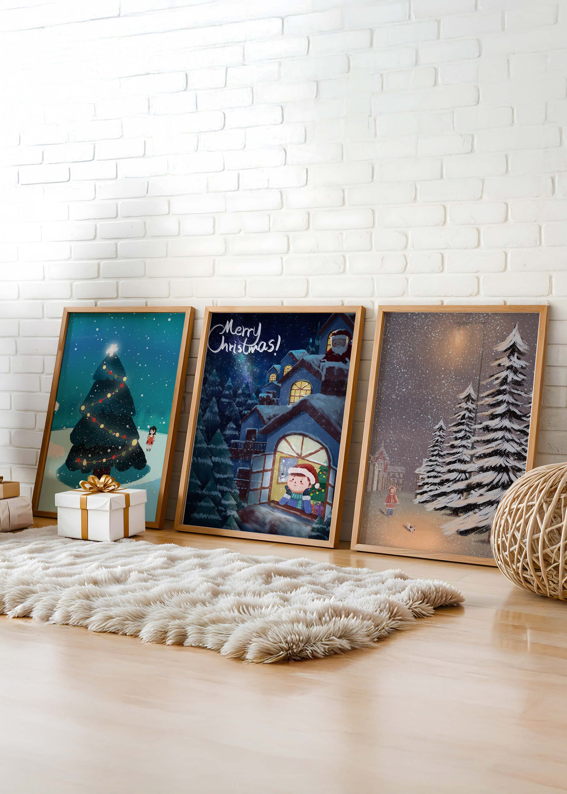 Decoración Navideña con Ilustraciones de Invierno y Ámbitos Festivos