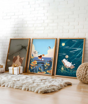 Triptyque d’Art avec Animaux et Paysages Illustrés