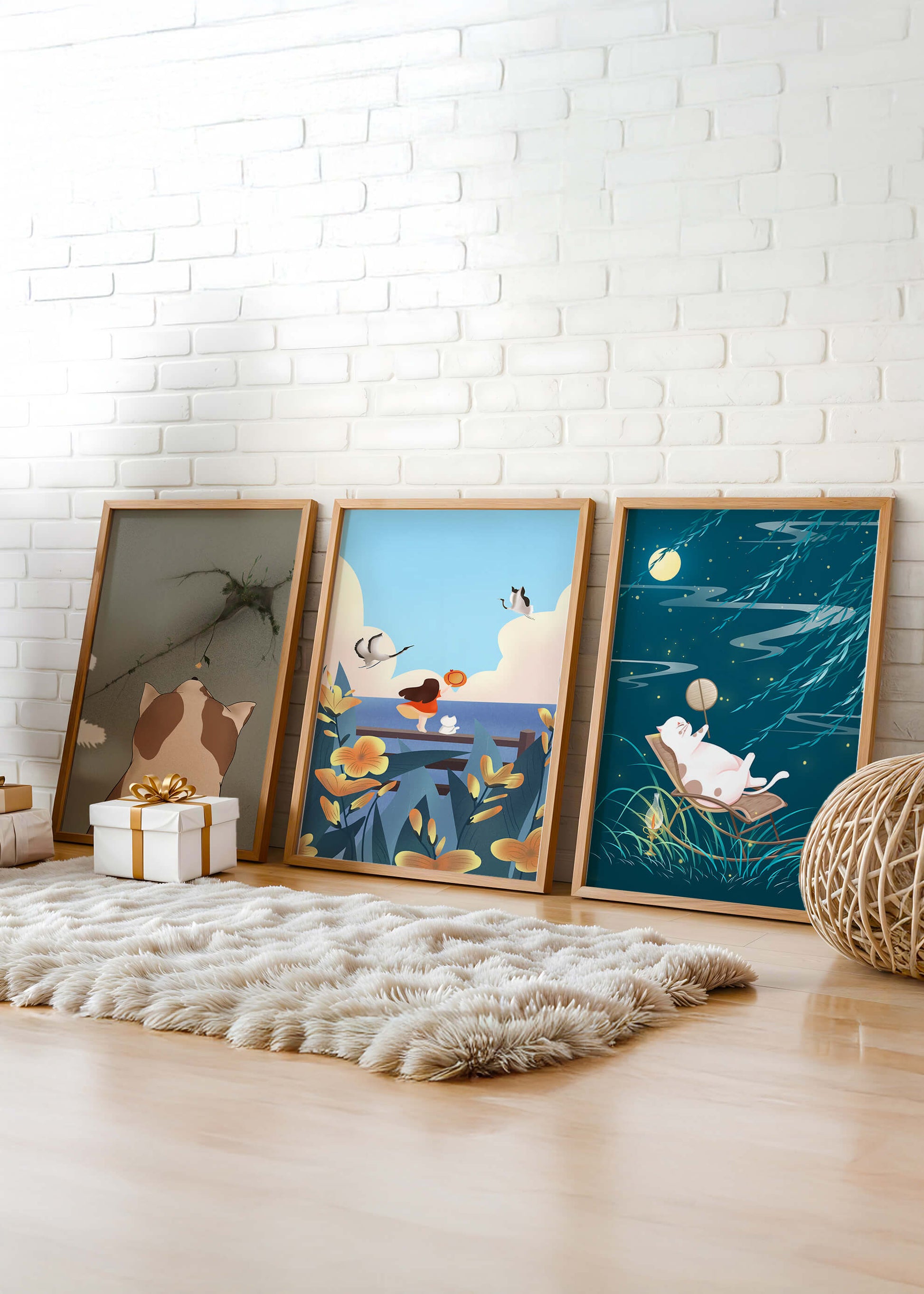 Tríptico de Arte con Animales y Paisajes Ilustrados