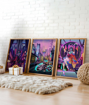 Triptyque de style cyberpunk avec des personnages en art numérique
